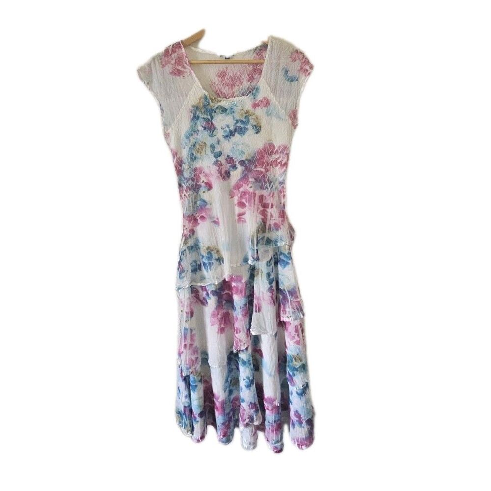Komarov Dress BoHo Midi Pink Floral Ruffle Short Sleeve  Scoop Neck Dress M